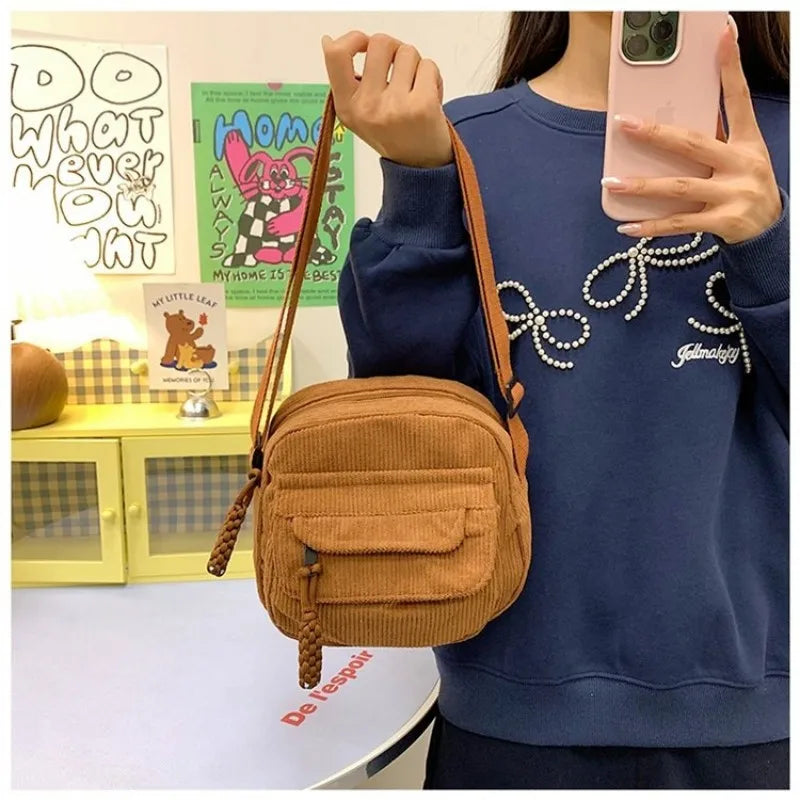 Sac Bandoulière en Velours Côtelé Marron - Style Rétro & Casual