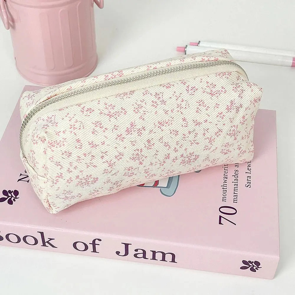 Trousse Scolaire en Velours Côtelé  - Motif Floral Gris - Style Vintage