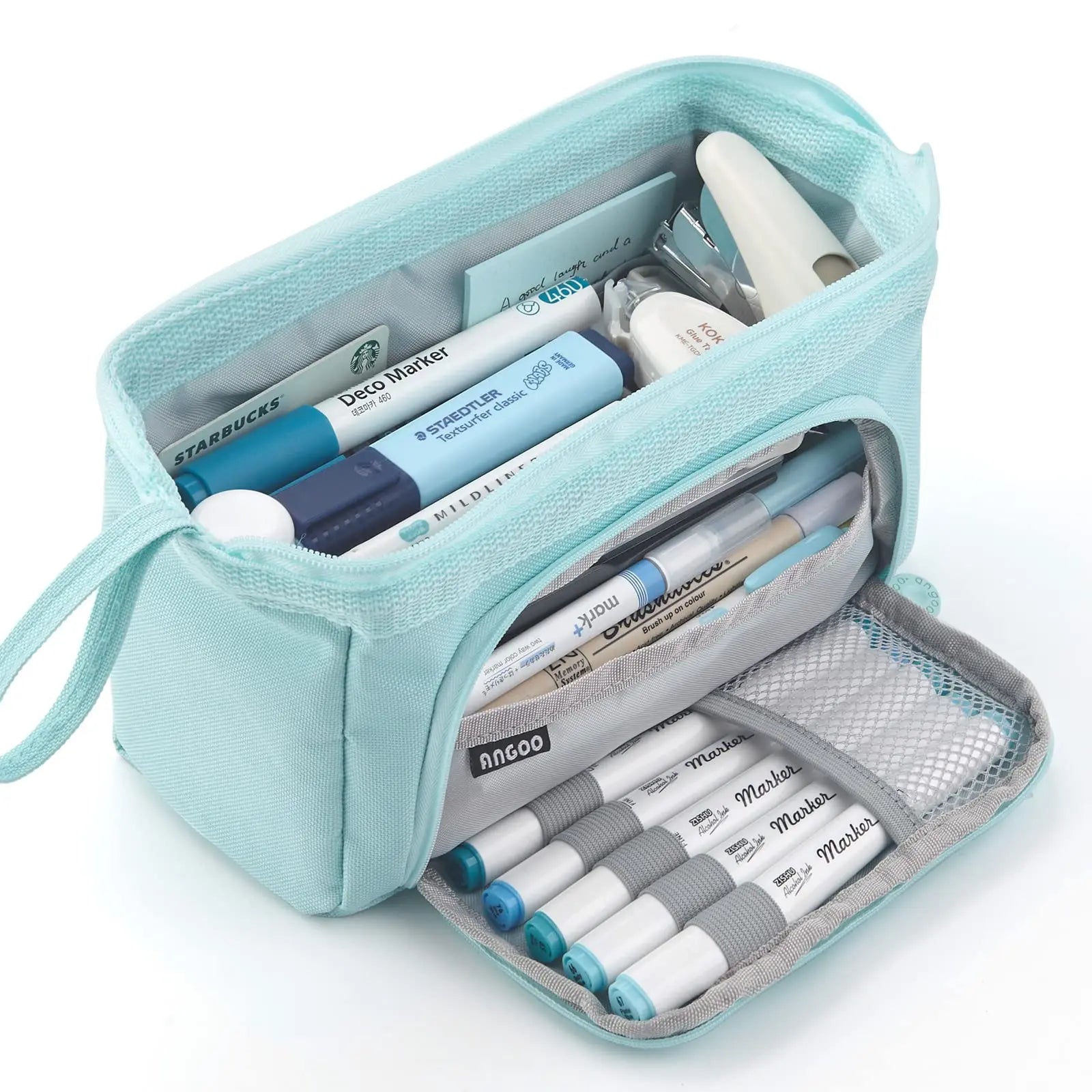 Trousse Scolaire ANGOO Grande Capacité Bleu Ciel - Rangement Stylos & Accessoires