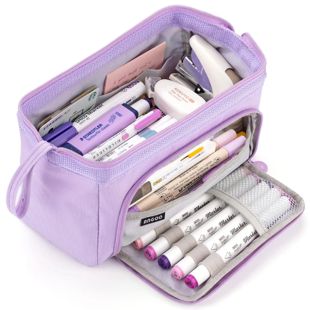 Trousse Scolaire ANGOO Grande Capacité Bleu Ciel - Rangement Stylos & Accessoires