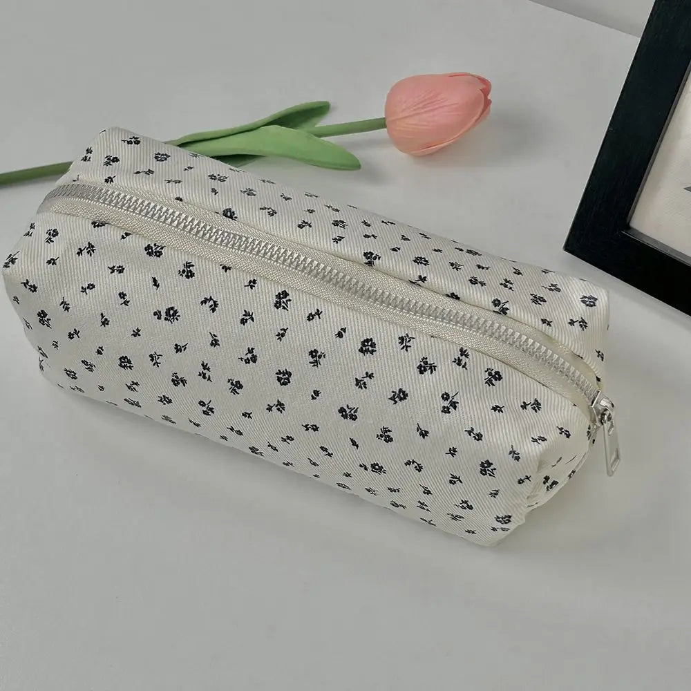 Trousse Scolaire en Velours Côtelé  - Motif Floral Gris - Style Vintage