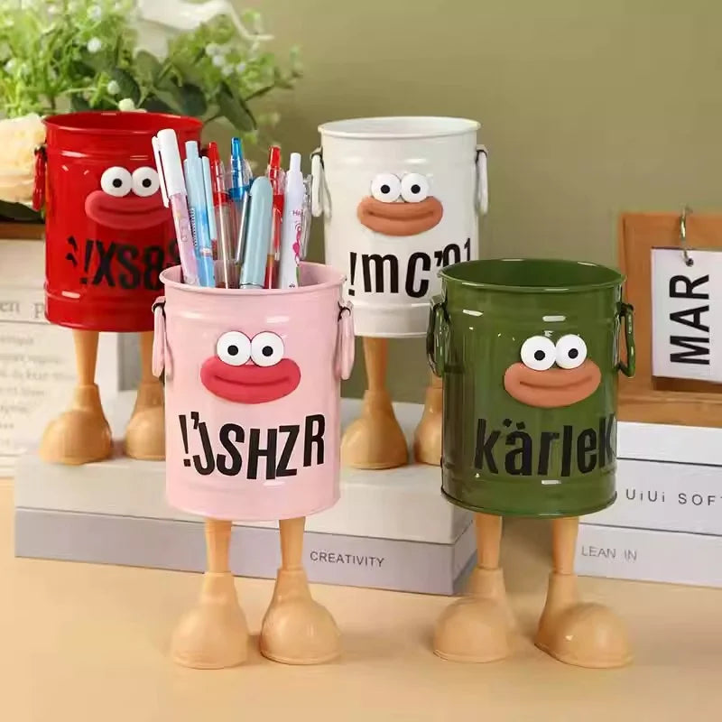 Pot à Stylos Funky à Visage - Support de Bureau avec Sticker DIY
