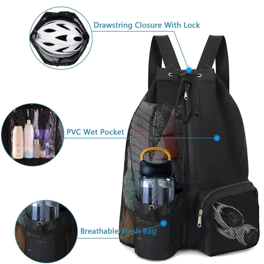 Sac de Piscine & sport à Cordons Noir - Sac à Dos Maille Respirante avec Poche Gourde