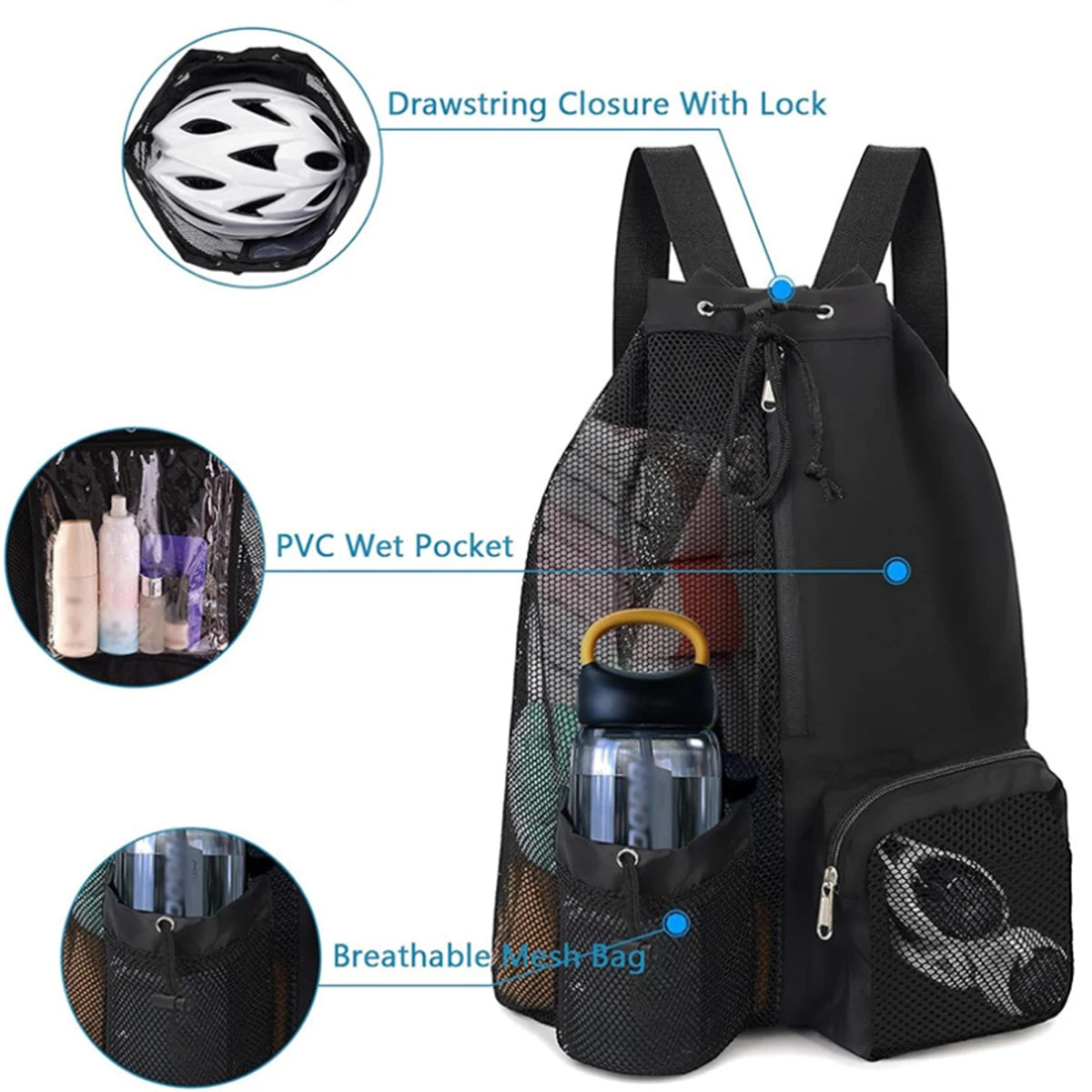 Sac de Piscine & sport à Cordons Noir - Sac à Dos Maille Respirante avec Poche Gourde