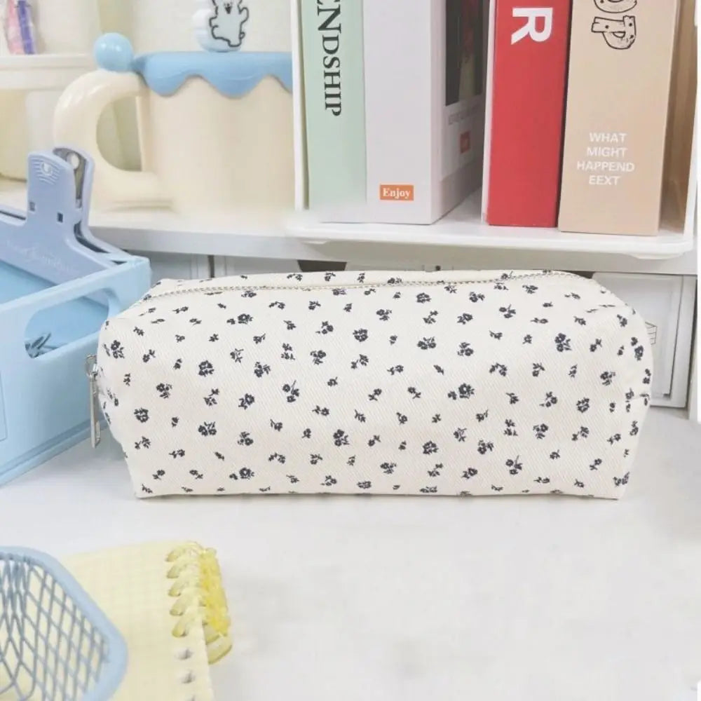 Trousse Scolaire en Velours Côtelé  - Motif Floral Gris - Style Vintage