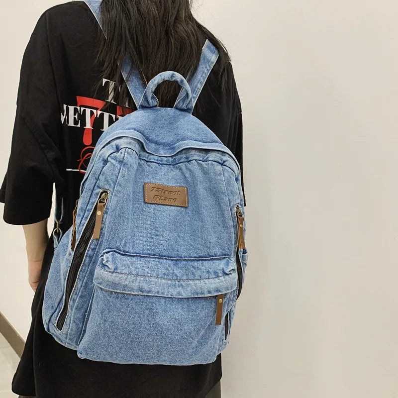 Sac à Dos en Jean pour Étudiant - Sac en Denim Vintage à Multiples Poches