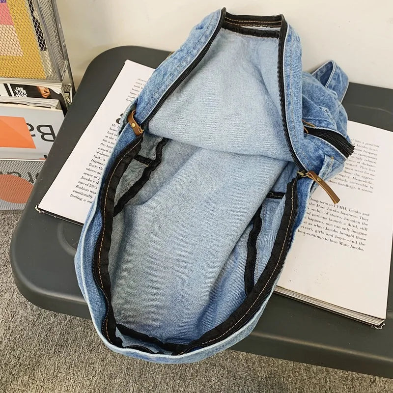 Sac à Dos en Jean pour Étudiant - Sac en Denim Vintage à Multiples Poches