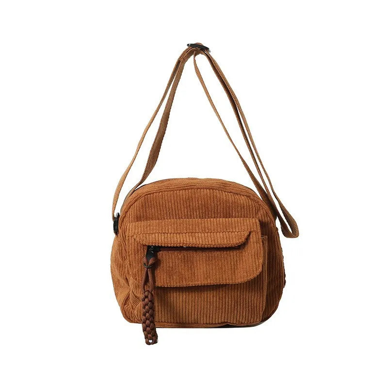 Sac Bandoulière en Velours Côtelé Marron - Style Rétro & Casual