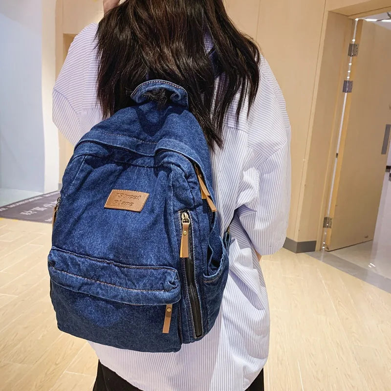 Sac à Dos en Jean pour Étudiant - Sac en Denim Vintage à Multiples Poches
