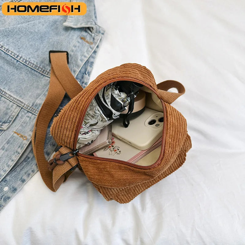 Sac Bandoulière en Velours Côtelé Marron - Style Rétro & Casual