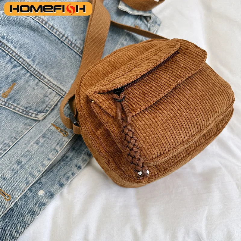 Sac Bandoulière en Velours Côtelé Marron - Style Rétro & Casual
