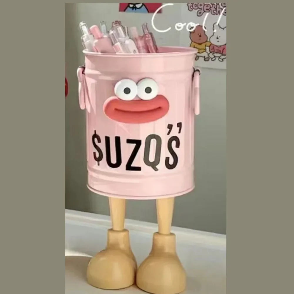 Pot à Stylos Funky à Visage - Support de Bureau avec Sticker DIY