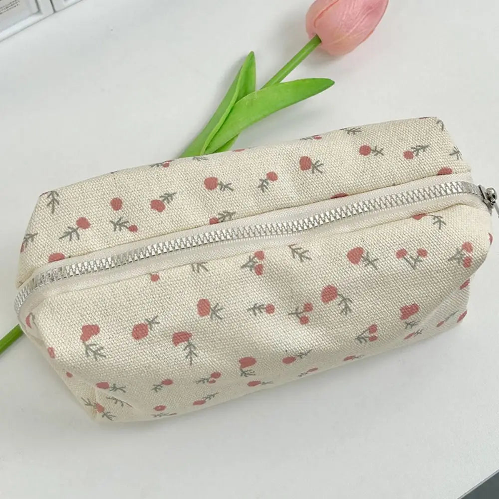 Trousse Scolaire en Velours Côtelé  - Motif Floral Gris - Style Vintage