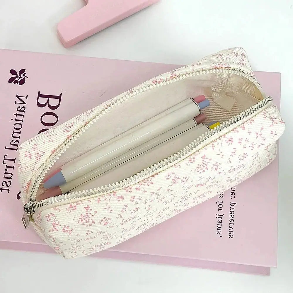Trousse Scolaire en Velours Côtelé  - Motif Floral Gris - Style Vintage