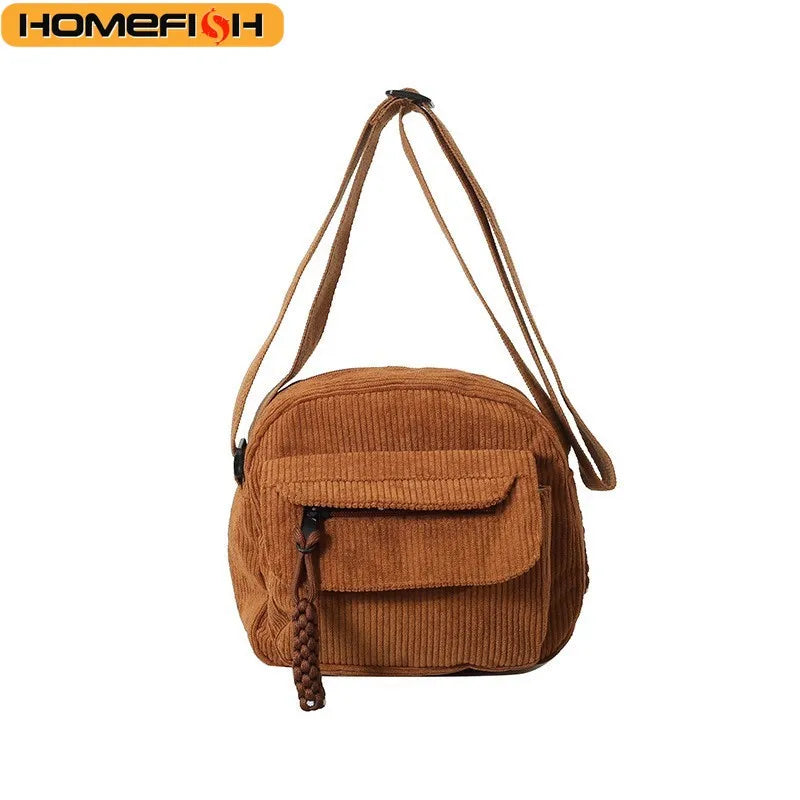 Sac Bandoulière en Velours Côtelé Marron - Style Rétro & Casual