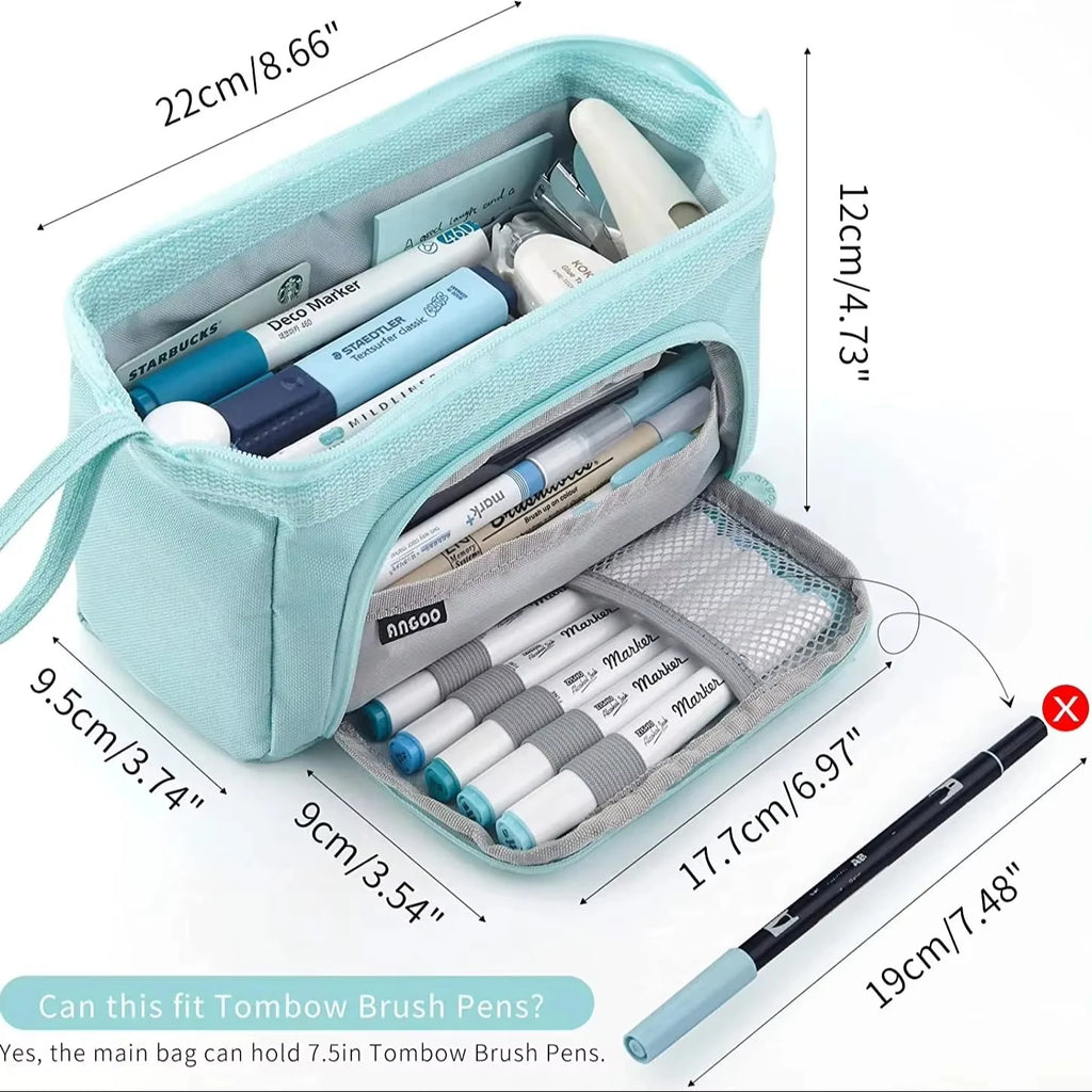 Trousse Scolaire ANGOO Grande Capacité Bleu Ciel - Rangement Stylos & Accessoires