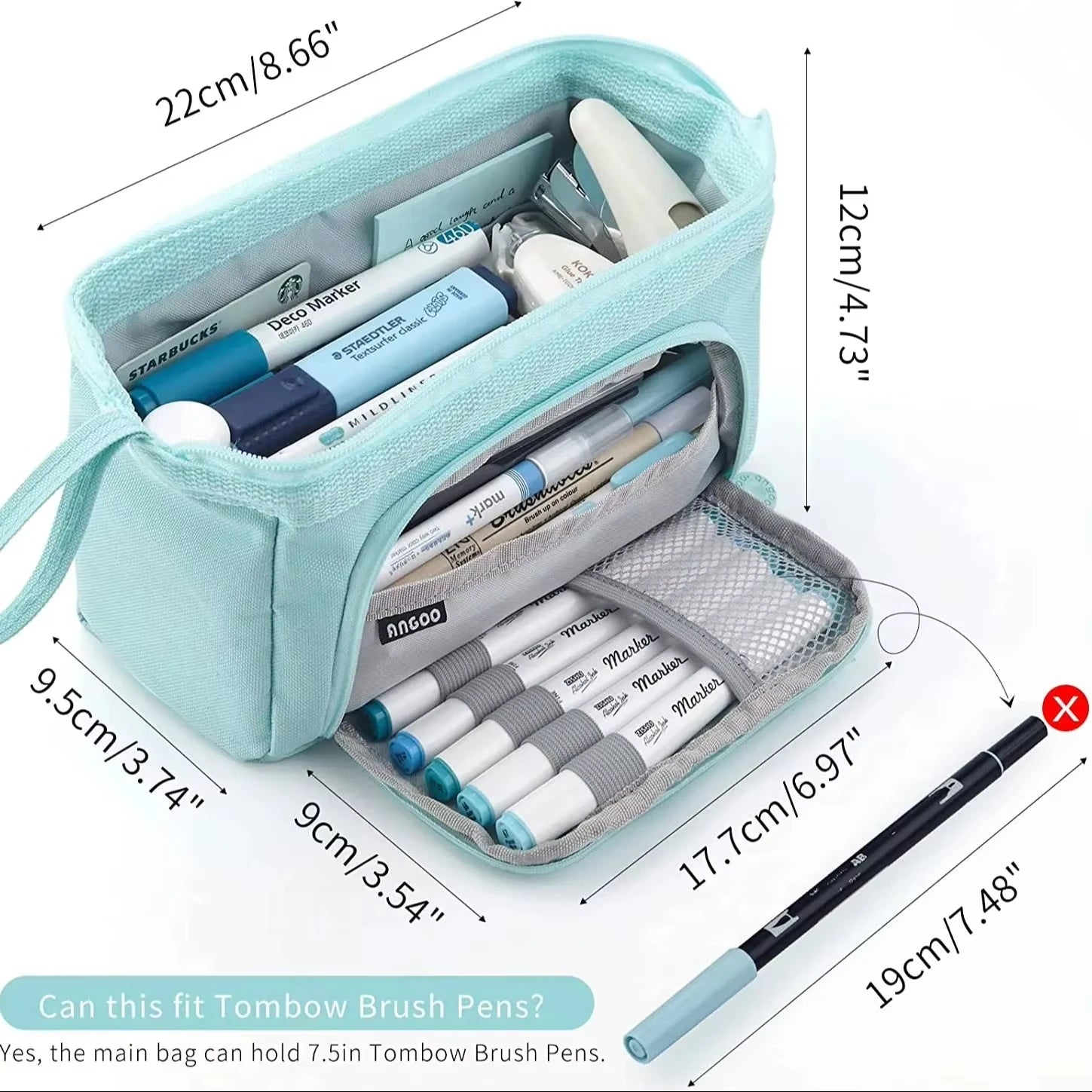 Trousse Scolaire ANGOO Grande Capacité Bleu Ciel - Rangement Stylos & Accessoires