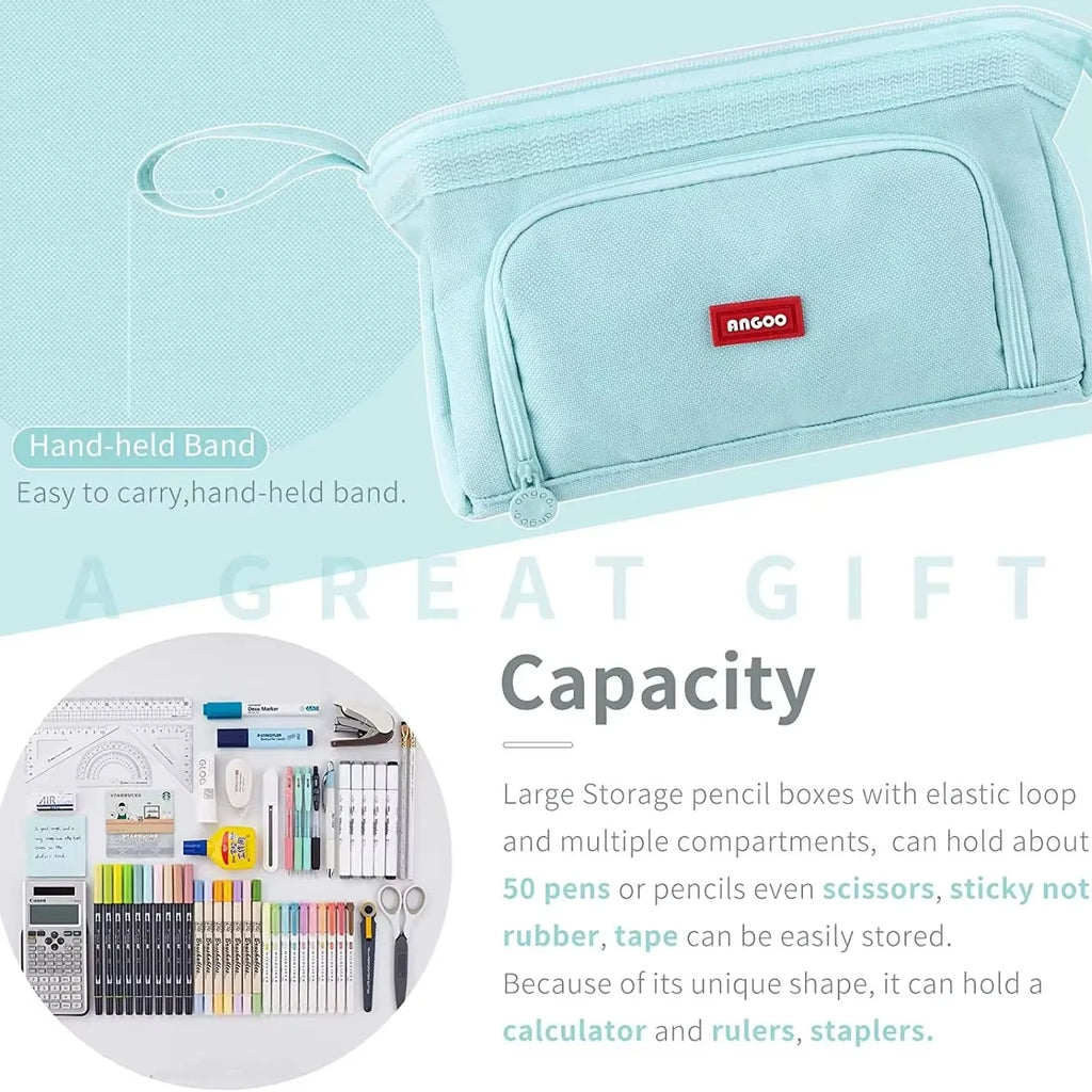 Trousse Scolaire ANGOO Grande Capacité Bleu Ciel - Rangement Stylos & Accessoires