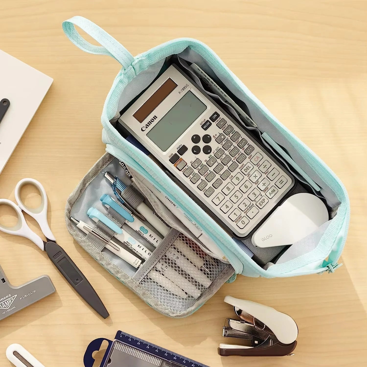 Trousse Scolaire ANGOO Grande Capacité Bleu Ciel - Rangement Stylos & Accessoires