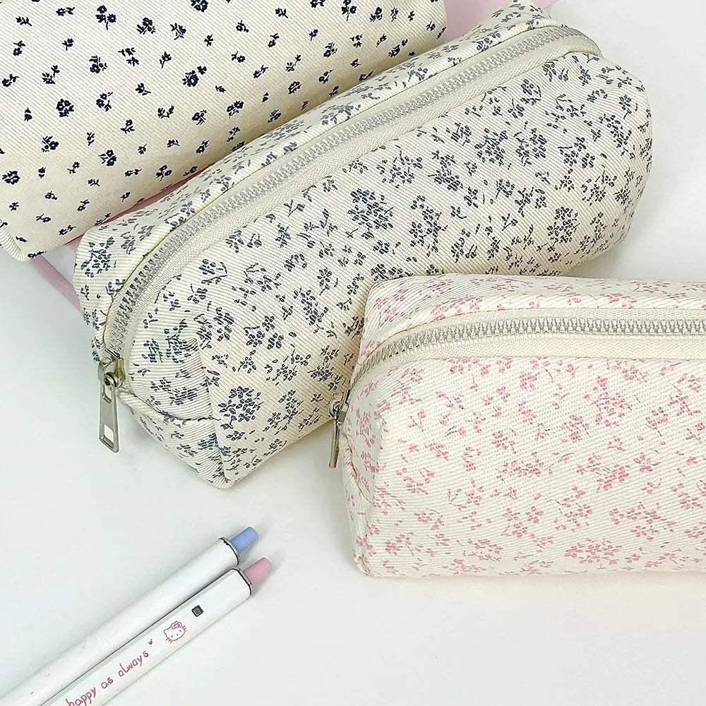 Trousse Scolaire en Velours Côtelé  - Motif Floral Gris - Style Vintage