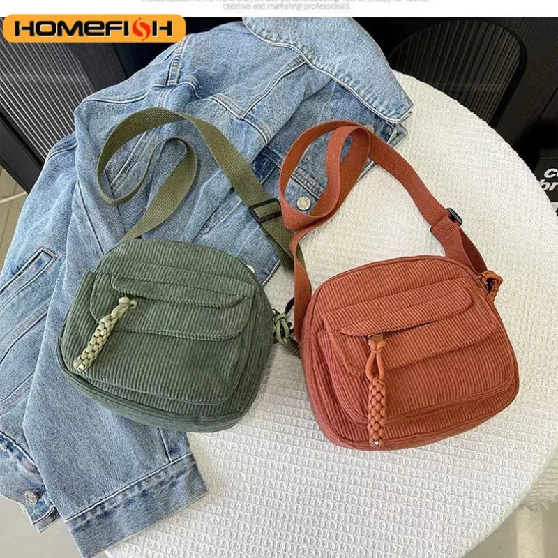 Sac Bandoulière en Velours Côtelé Marron - Style Rétro & Casual