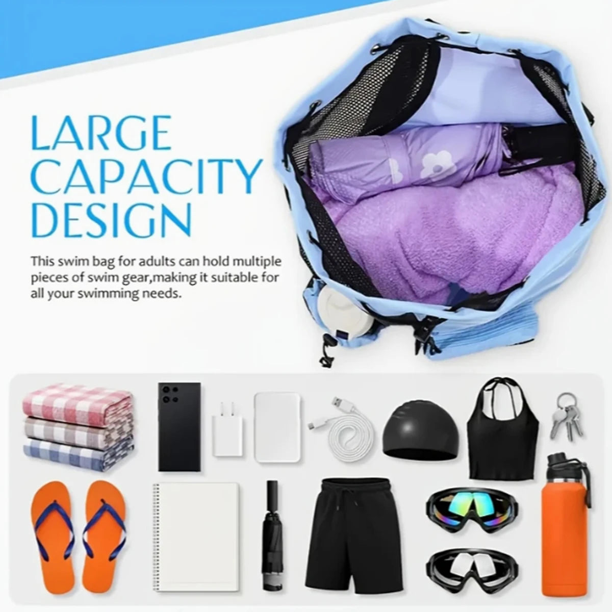 Sac de Piscine & sport à Cordons Noir - Sac à Dos Maille Respirante avec Poche Gourde